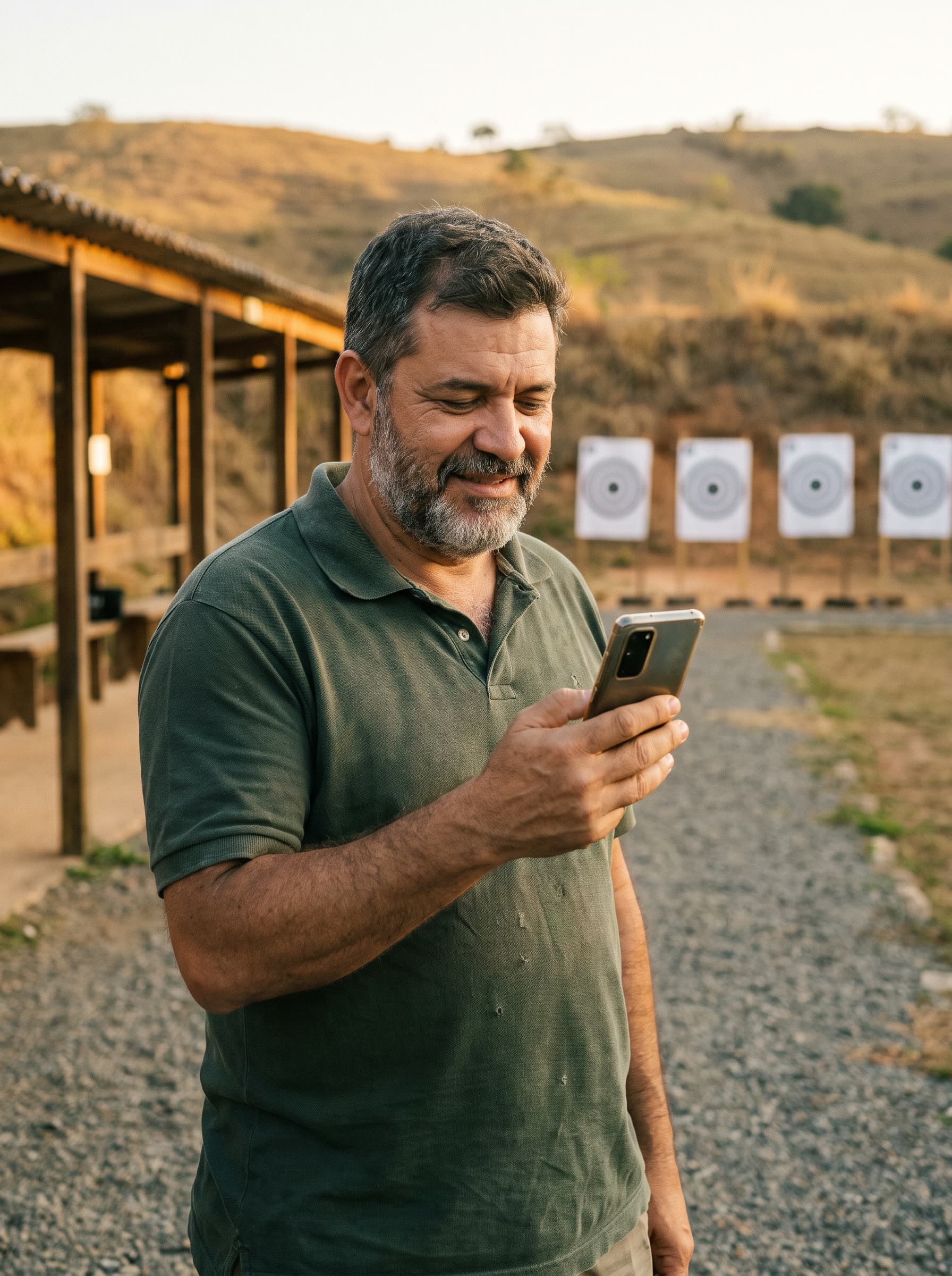 Dono de clube de tiro lendo uma mensagem no celular, com o estande ao fundo