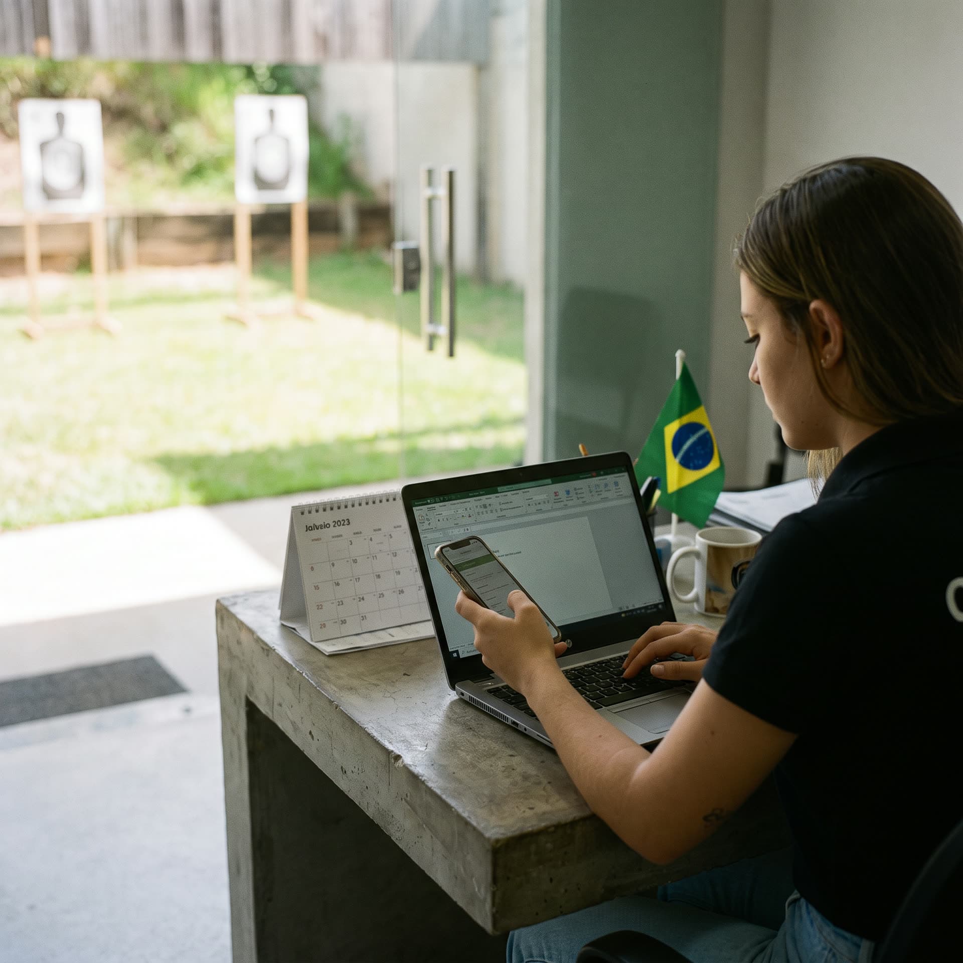 Secretária do clube respondendo mensagens pelo celular e pelo notebook